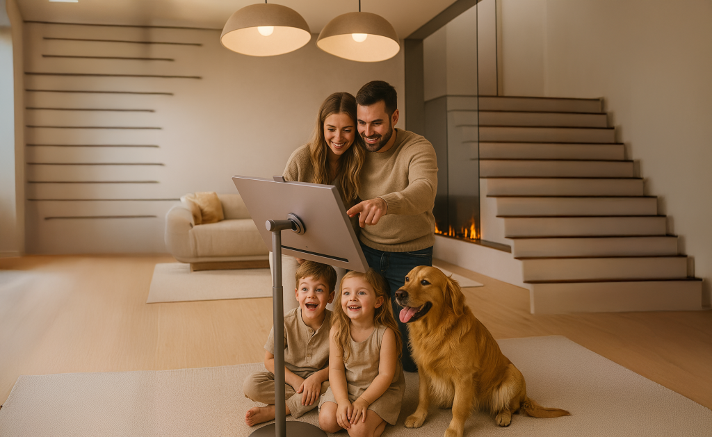 Monitor táctil Wandr de 32 pulgadas móvil en sala familiar con ruedas