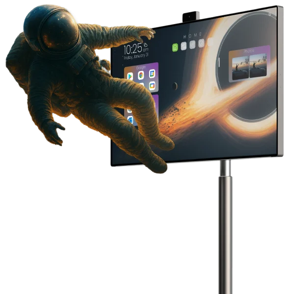 Astronauta flotando frente a pantalla inteligente portátil Wandr de 32" con Android